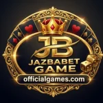 A luxurious 3D gold logo for JAZBABET GAME on a dark background, featuring a jeweled crown, a sweep of black playing cards, two dice, and the website officialgames.com pk.
