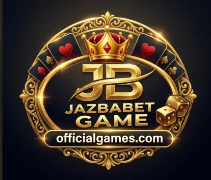 A luxurious 3D gold logo for JAZBABET GAME on a dark background, featuring a jeweled crown, a sweep of black playing cards, two dice, and the website officialgames.com pk.